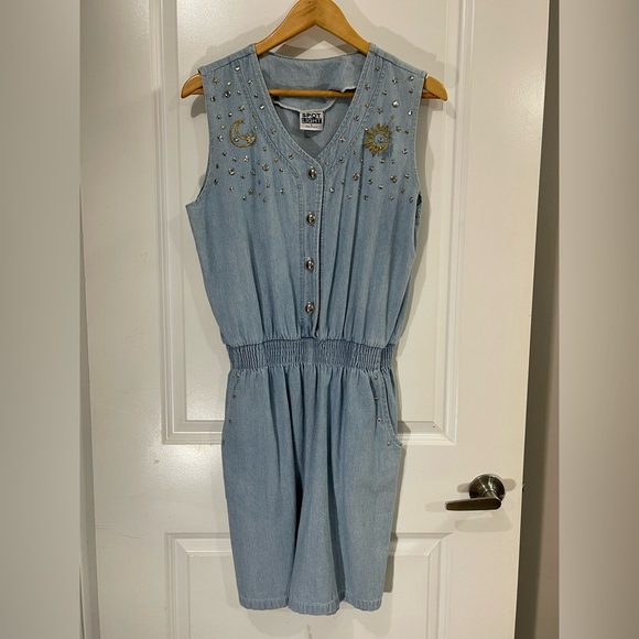 Vintage SPOTLIGHT Denim Romper size L with Pockets Bejewelled Sun and Moon - Picture 1 of 11